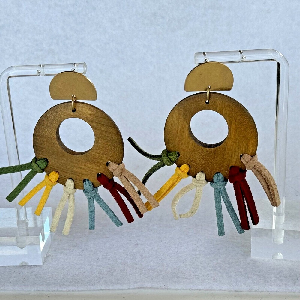 Boho Wood Metal Leather Drop Dangle Earrings Vintage Rustic Pierced Stud Rainbow